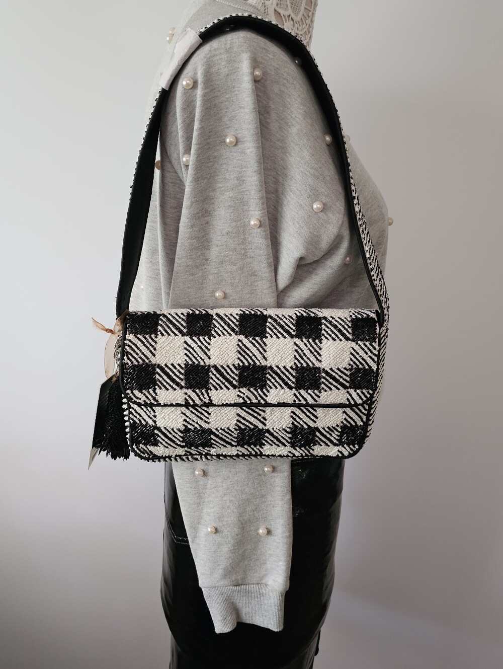 Black & White Beaded Gingham Plaid Shoulder Bag | NWT